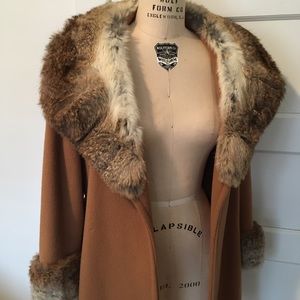 Vintage wool/camel/rabbit fur wrap coat. 3/4 sleeve. matching sash for great fit